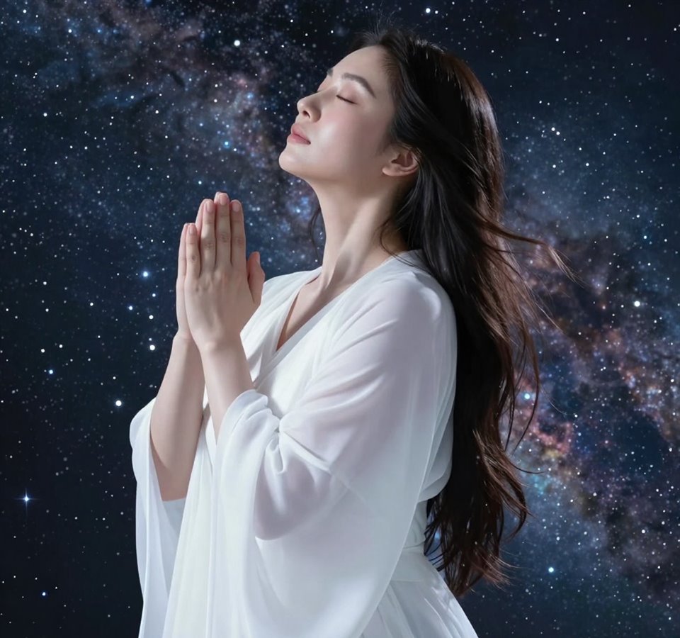 星空の下で祈る女性のイメージ